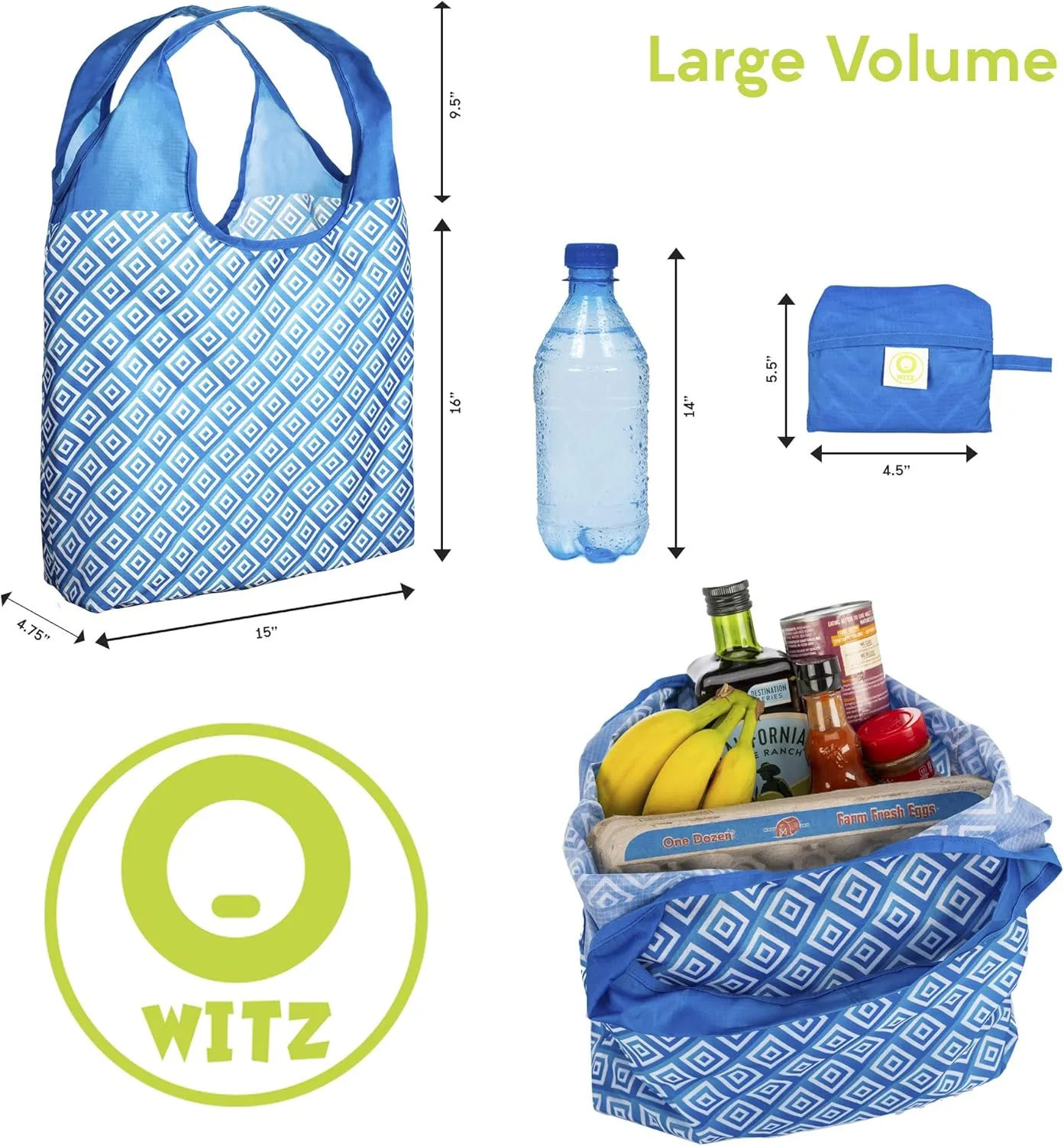 O-WITZ Reusable Grocery Bags | Vibrant Tote Bag For Groceries, Gym, Office, Beach, Toys & More | Washable Design With Large Handles For Maximum Convenience | Folds Into A Small Pouch, 3 pack, Blue