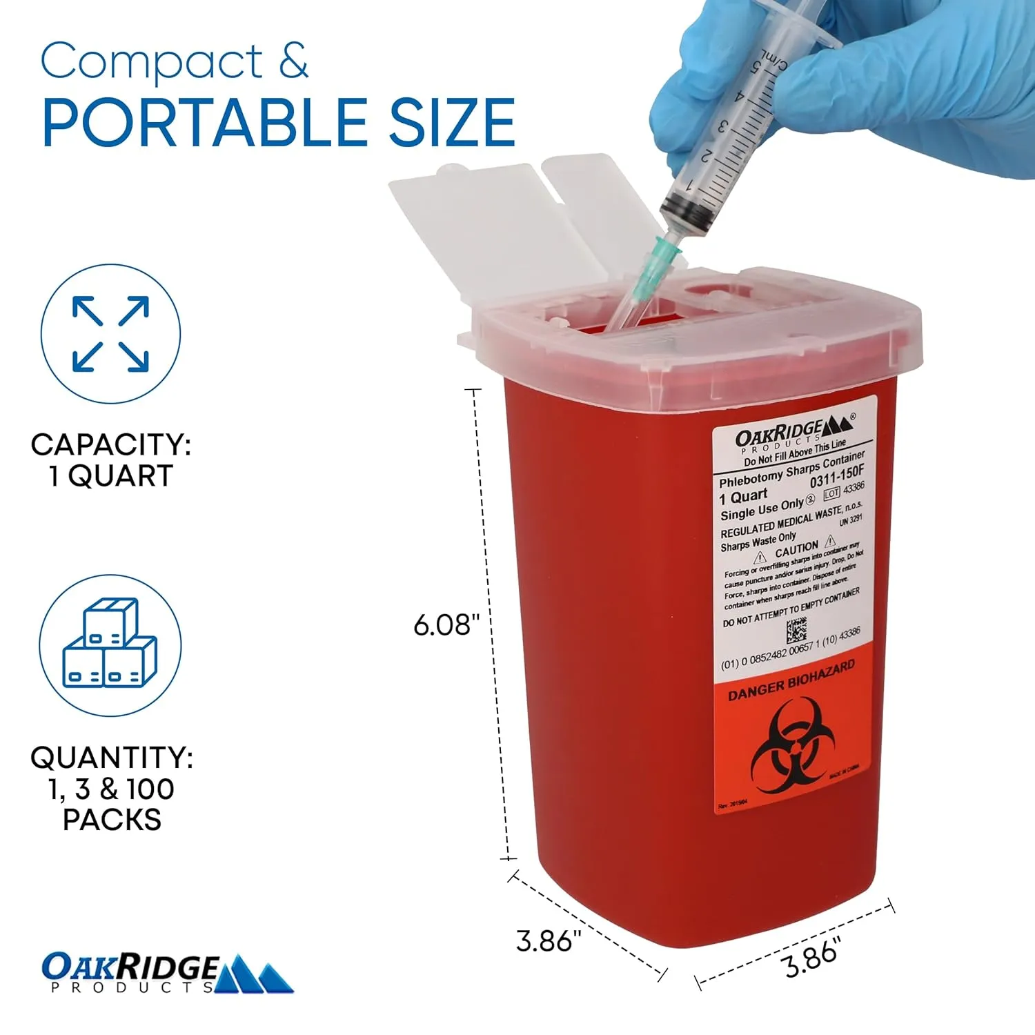 Oakridge Products Sharps Container for Home Use and Professional 1 Quart (3-Pack), Biohazard Needle and Syringe Disposal, Flip-up Lid with Integrated Needle Inwinder, CDC Certified