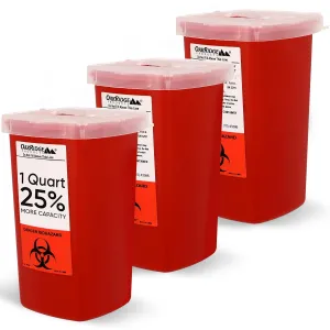 Oakridge Products Sharps Container for Home Use and Professional 1 Quart (3-Pack), Biohazard Needle and Syringe Disposal, Flip-up Lid with Integrated Needle Inwinder, CDC Certified
