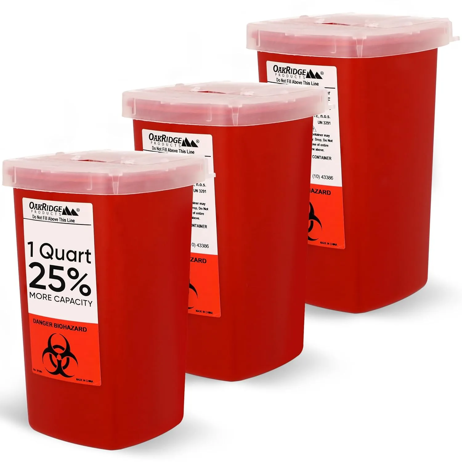 Oakridge Products Sharps Container for Home Use and Professional 1 Quart (3-Pack), Biohazard Needle and Syringe Disposal, Flip-up Lid with Integrated Needle Inwinder, CDC Certified