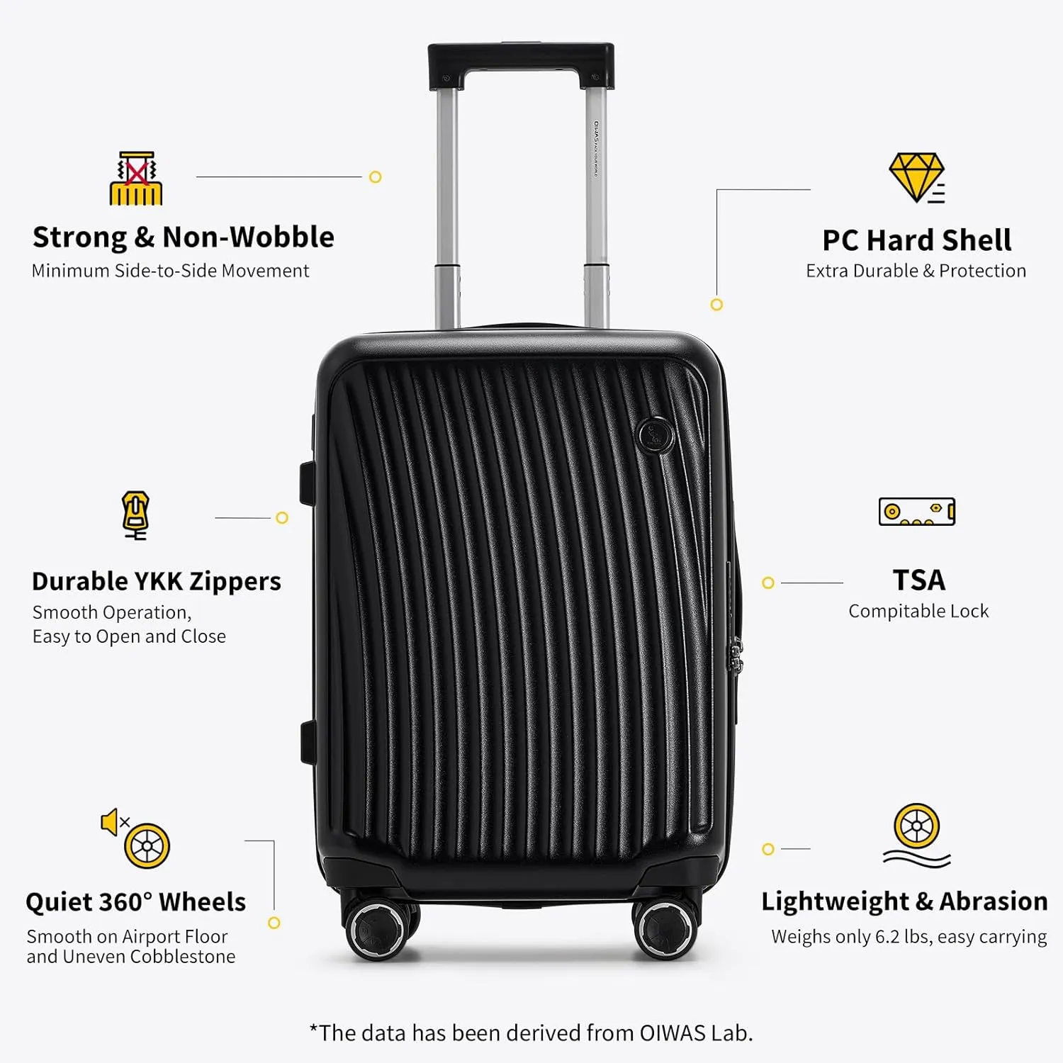 OIWAS 20 Inch Carry On Luggage, Hard Shell Suitcases with 8 Spinner Wheel, TSA Lock, Waterproof Compartment and Smooth Zippers, Lightweight Travel Luggage Airline Approved for Short Trip, Black