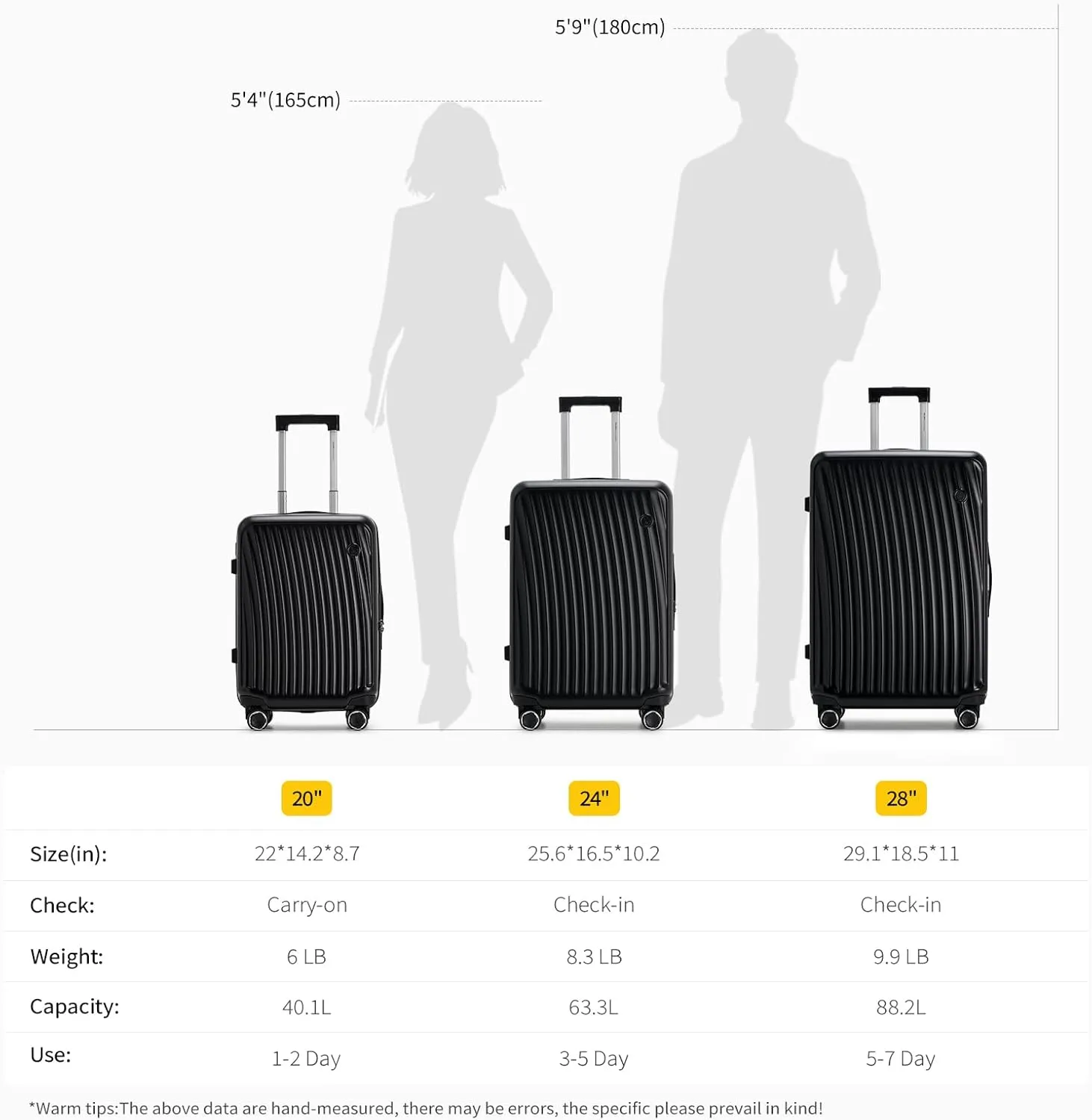 OIWAS 20 Inch Carry On Luggage, Hard Shell Suitcases with 8 Spinner Wheel, TSA Lock, Waterproof Compartment and Smooth Zippers, Lightweight Travel Luggage Airline Approved for Short Trip, Black