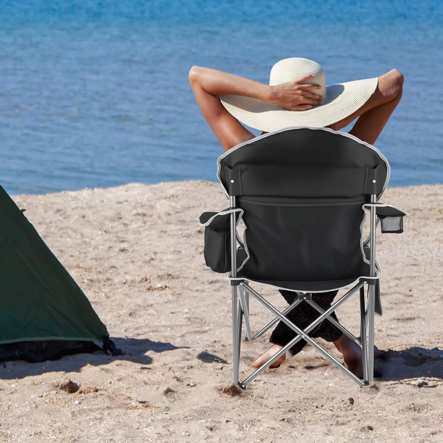 Oversized Folding Camping Chair, Heavy Duty Portable Beach Chair with Cooler Bag, Side Pocket & Cup Holder, Folding Chairs for Outdoor Indoor Use Support 500 LBS