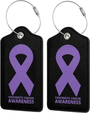 Pancreatic Cancer Awareness Purple Ribbon Luggage Tags for Travel, Stainless Steel & Leather, Personalized Engraved, Durable Bag Tags 2 PCS