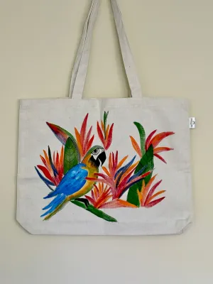 Parrot on Bird of Paradise - Hand Painted Canvas Tote Bag