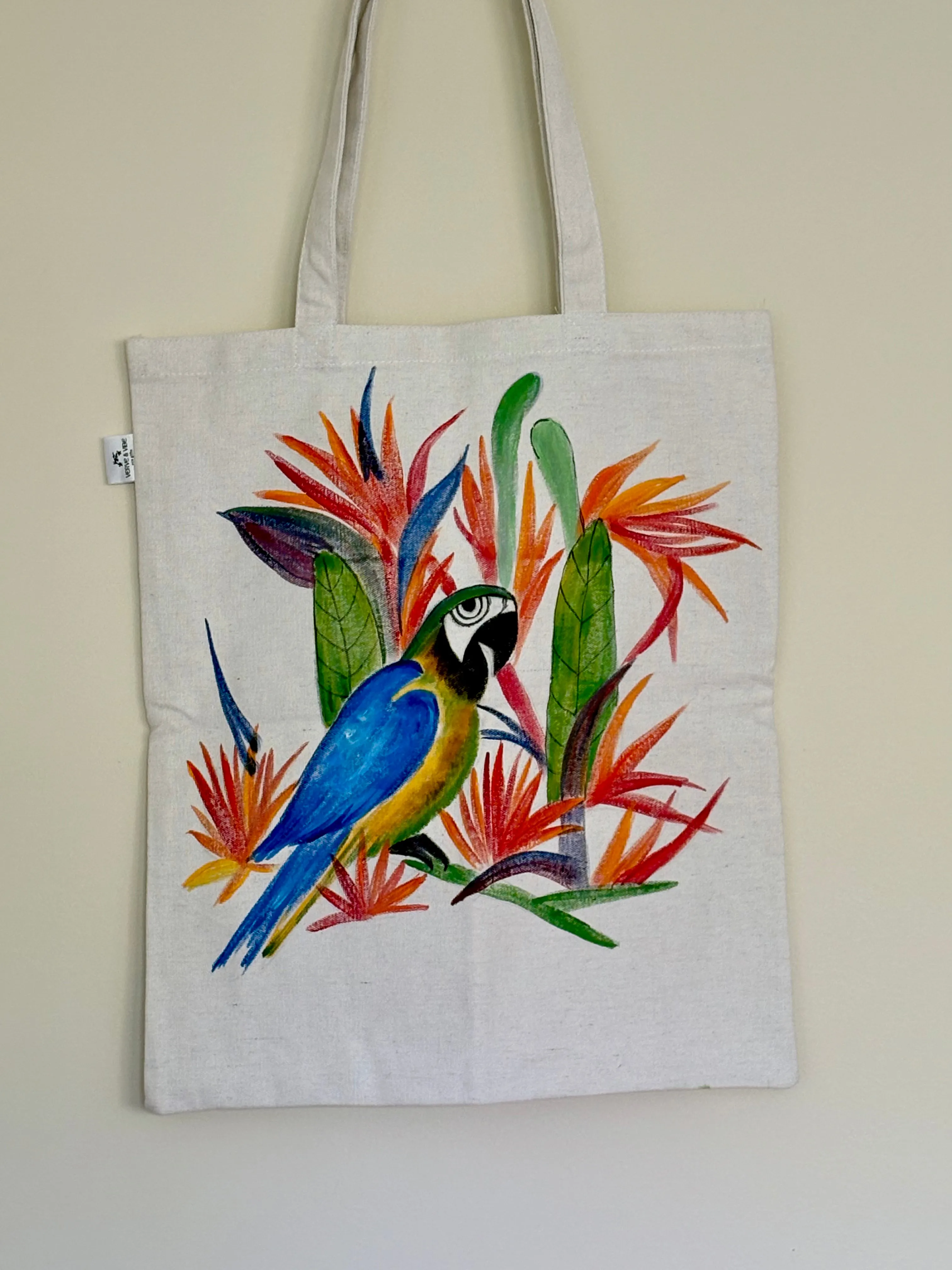 Parrot on Bird of Paradise - Hand Painted Canvas Tote Bag
