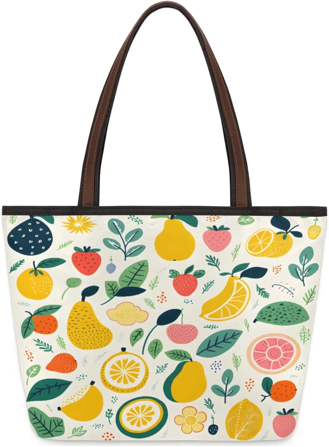 Pear Strawberry Lemon Tote Bag Multi Pocket Zippered Beach Bag Lightweight Waterproof Handbag