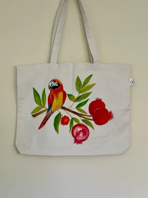 Peppy Parrot & Pomegranates - Hand Painted, Canvas Tote Bag