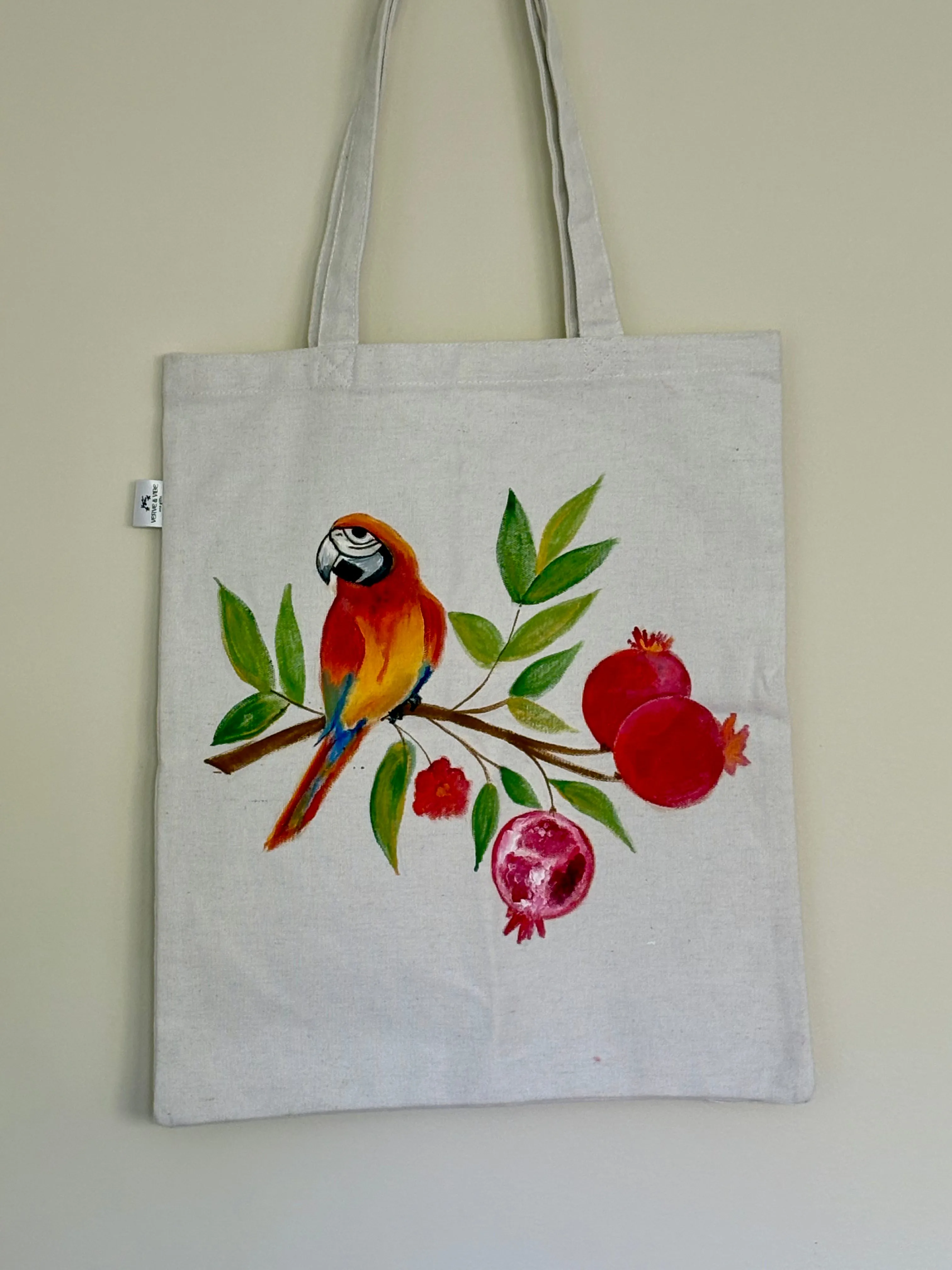 Peppy Parrot & Pomegranates - Hand Painted, Canvas Tote Bag