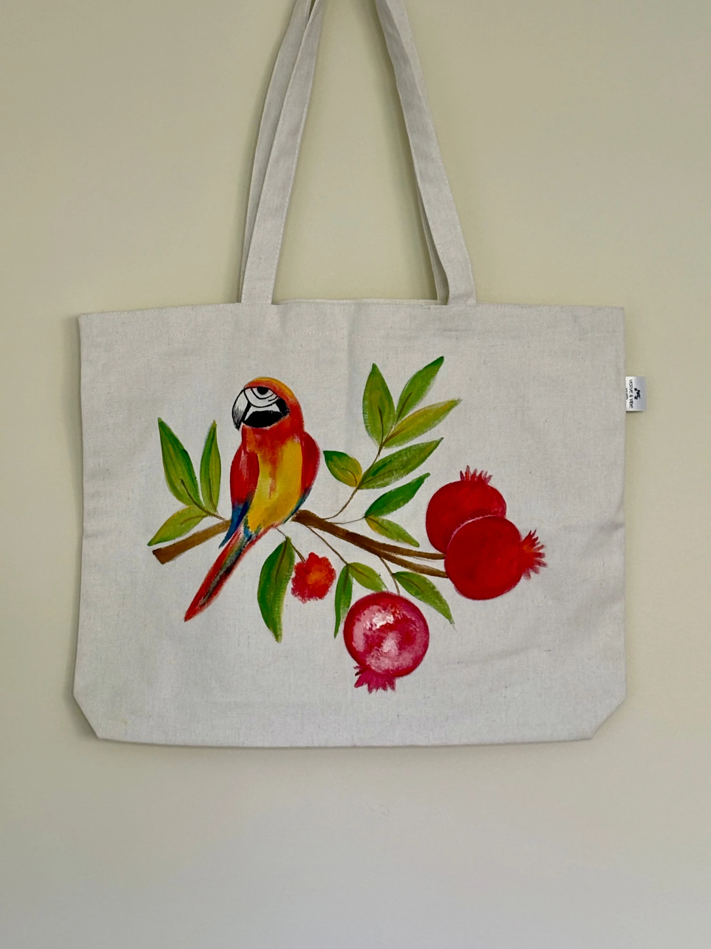 Peppy Parrot & Pomegranates - Hand Painted, Canvas Tote Bag