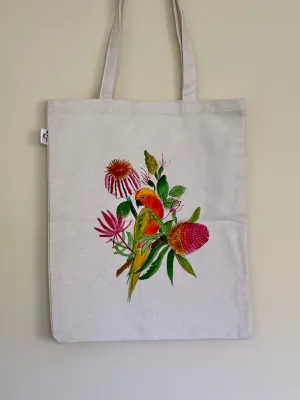 Perky Parrot on Banksia - Hand Painted Canvas Tote Bag