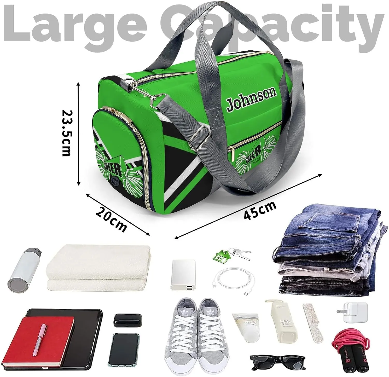 Personalized Duffel Bag Bright Green Cheer Cheerleader Waterproof Sport Gym Travel Perform Training Bags with Name