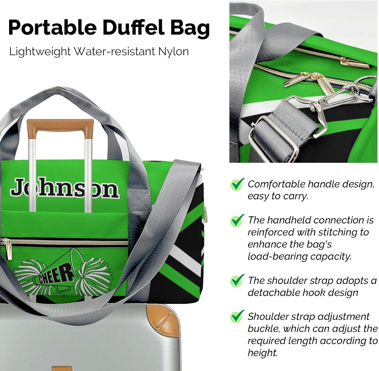 Personalized Duffel Bag Bright Green Cheer Cheerleader Waterproof Sport Gym Travel Perform Training Bags with Name