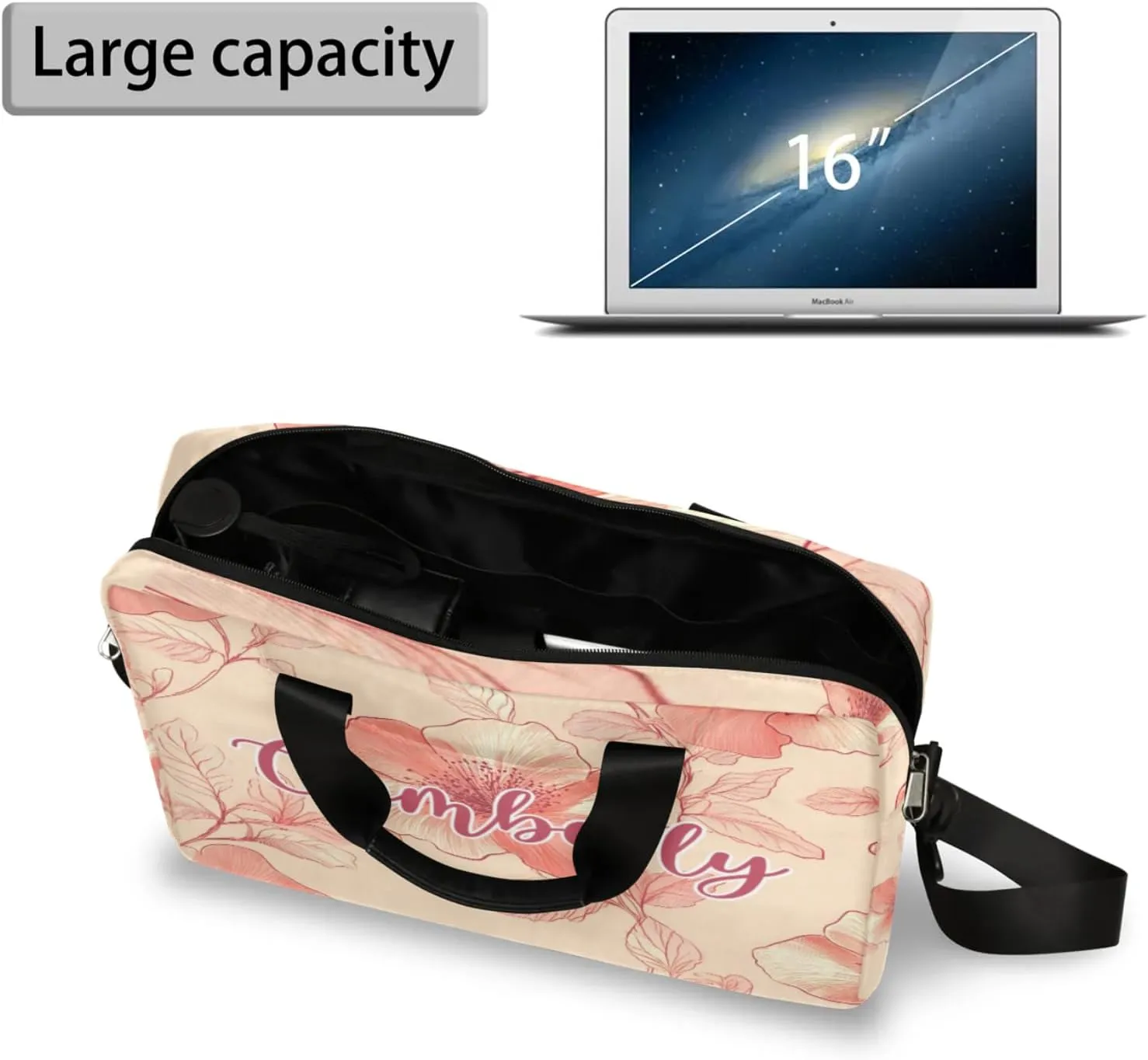 Personalized Name Flower Laptop Bag for Women, Custom Computer Bag Messenger Bags for Work Business, 16 Inch