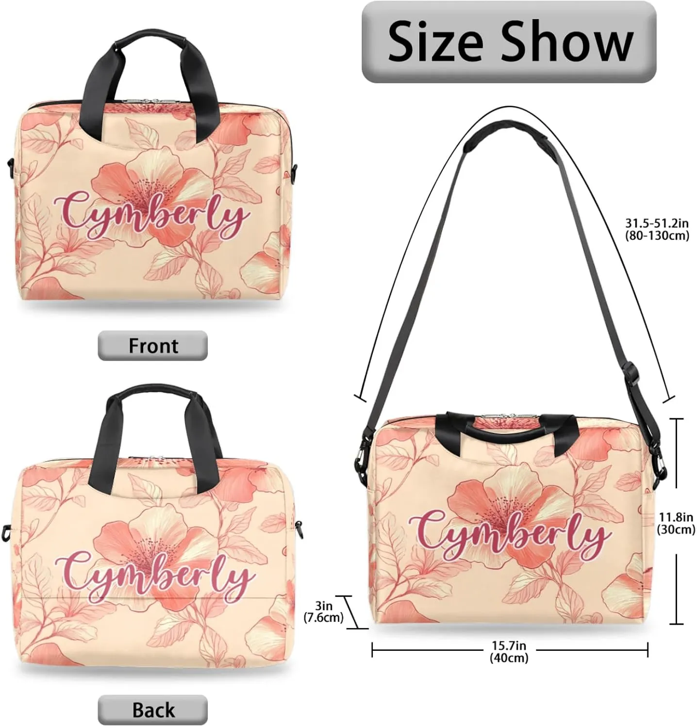 Personalized Name Flower Laptop Bag for Women, Custom Computer Bag Messenger Bags for Work Business, 16 Inch