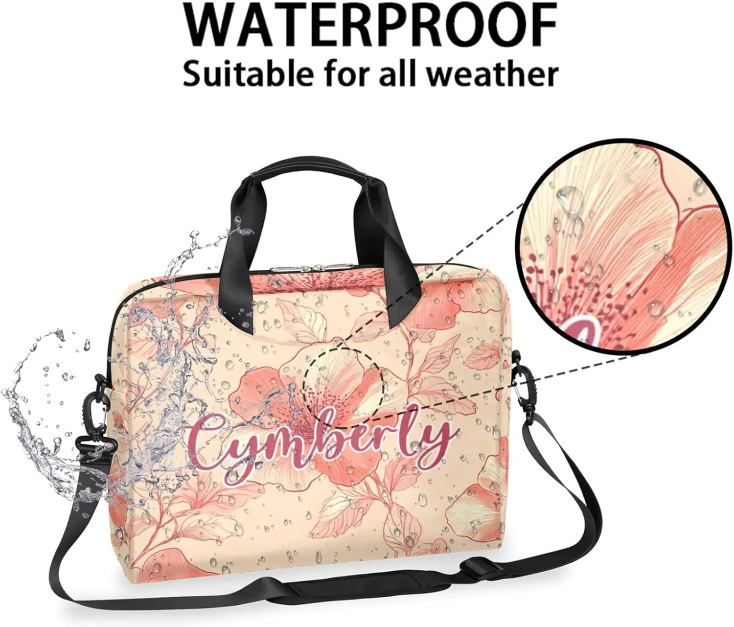 Personalized Name Flower Laptop Bag for Women, Custom Computer Bag Messenger Bags for Work Business, 16 Inch