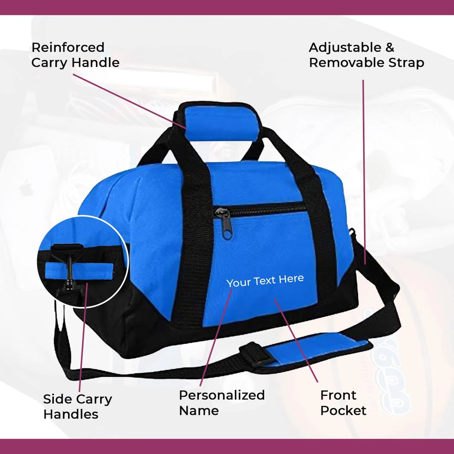 Personalized Passion Small Duffle Bag for Boys and Girls - Perfect Sized 14” Two Toned Travel Duffle - Personalized Name Sports Gym Bag for Storage - Royal Blue
