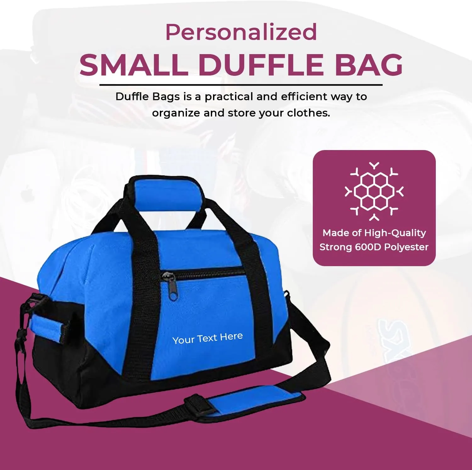 Personalized Passion Small Duffle Bag for Boys and Girls - Perfect Sized 14” Two Toned Travel Duffle - Personalized Name Sports Gym Bag for Storage - Royal Blue