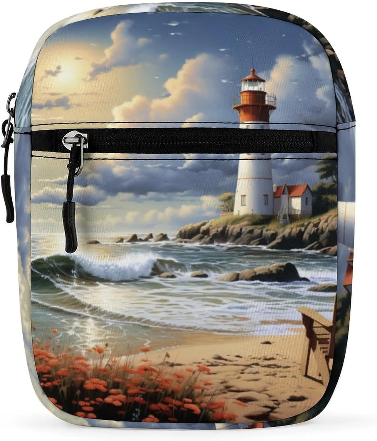 Personalized Small Crossbody Bag Water Resistant Messenger Bags Mini Sea Lighthouse Sandbeach Printing SlingBag For Men Women