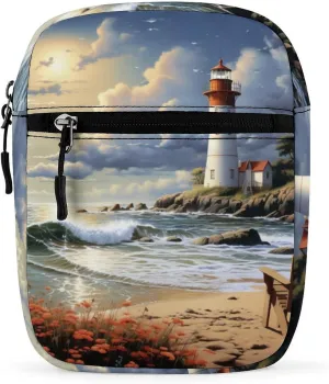 Personalized Small Crossbody Bag Water Resistant Messenger Bags Mini Sea Lighthouse Sandbeach Printing SlingBag For Men Women
