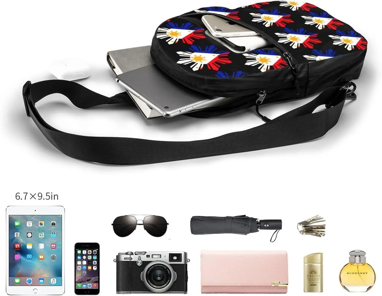 Philippine Sun Flag Packable Crossbody Bag Portable Sling Bags Foldable Travel Daypack Reusable Sports Shoulder Backpack Diagonally Chest Bag for Workout