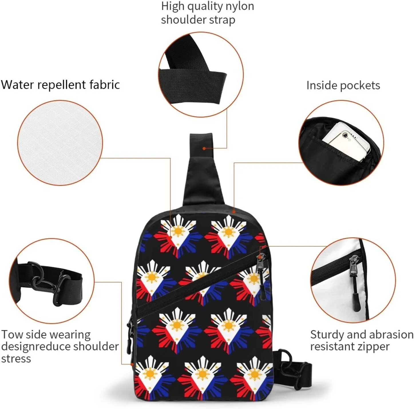 Philippine Sun Flag Packable Crossbody Bag Portable Sling Bags Foldable Travel Daypack Reusable Sports Shoulder Backpack Diagonally Chest Bag for Workout