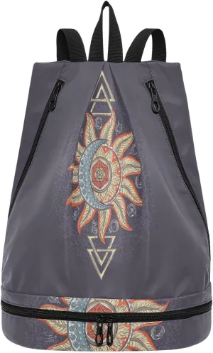 Poeticcity Gym Swimming Drawstring Bags Daypacks Backpack Purse Casual Knapsack Shoulder Bag Sitting Rucksack Alchemy Symbols Planet Icon Magic, Astrology, Mystery, Occultism