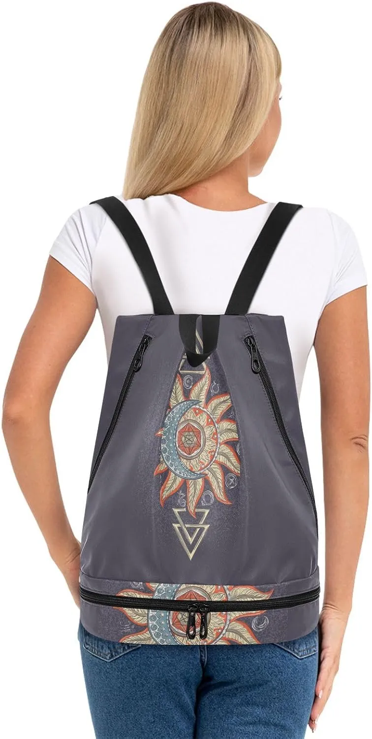 Poeticcity Gym Swimming Drawstring Bags Daypacks Backpack Purse Casual Knapsack Shoulder Bag Sitting Rucksack Alchemy Symbols Planet Icon Magic, Astrology, Mystery, Occultism
