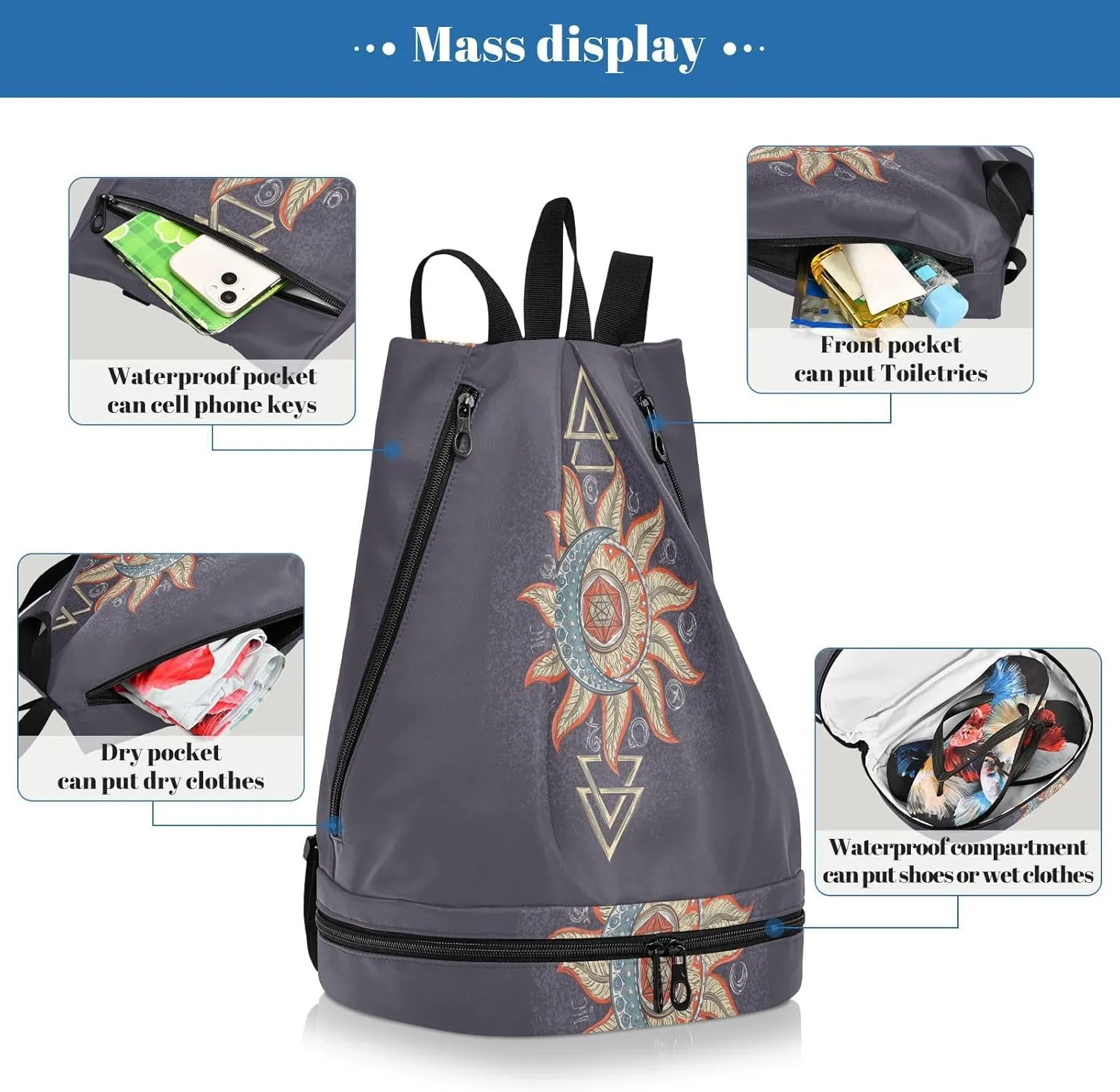 Poeticcity Gym Swimming Drawstring Bags Daypacks Backpack Purse Casual Knapsack Shoulder Bag Sitting Rucksack Alchemy Symbols Planet Icon Magic, Astrology, Mystery, Occultism