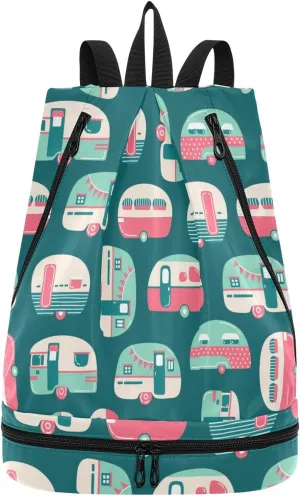Poeticcity Gym Swimming Drawstring Bags Daypacks Backpack Purse Casual Knapsack Shoulder Bag Sitting Rucksack Colorful Hand drawn Camping Trailers Cars on Blue Green