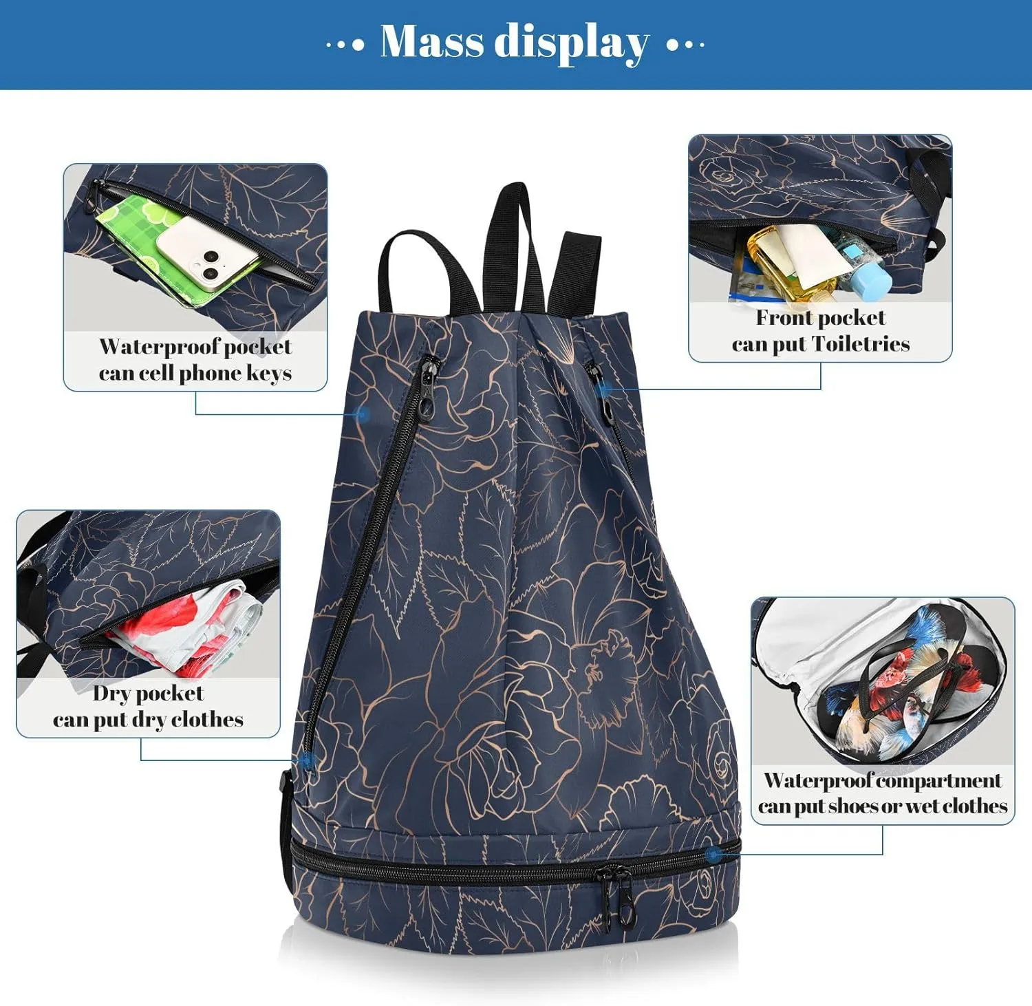 Poeticcity Gym Swimming Drawstring Bags Daypacks Backpack Purse Casual Knapsack Shoulder Bag Sitting Rucksack Copper-gold Shiny Outline Rose Peony Flowers Leaves on Navy Blue