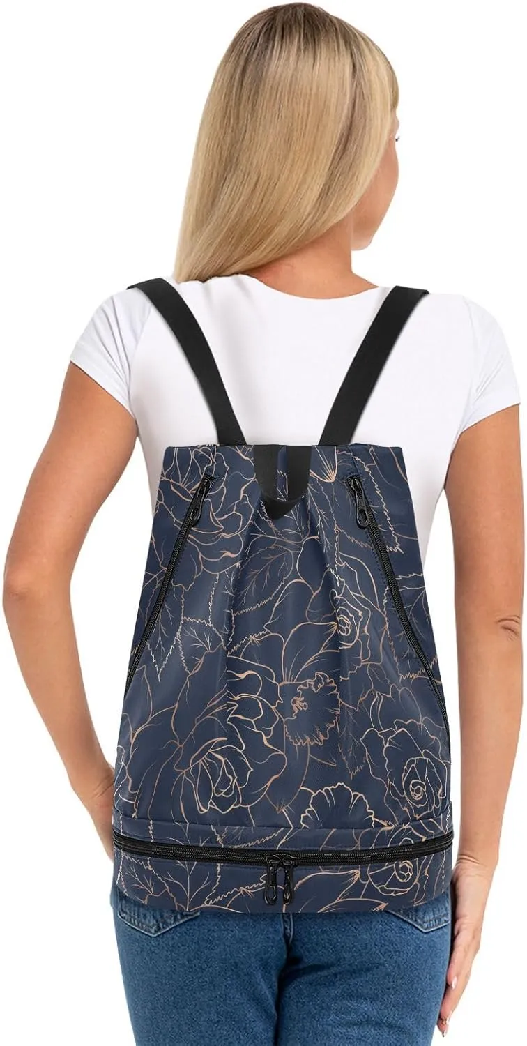 Poeticcity Gym Swimming Drawstring Bags Daypacks Backpack Purse Casual Knapsack Shoulder Bag Sitting Rucksack Copper-gold Shiny Outline Rose Peony Flowers Leaves on Navy Blue