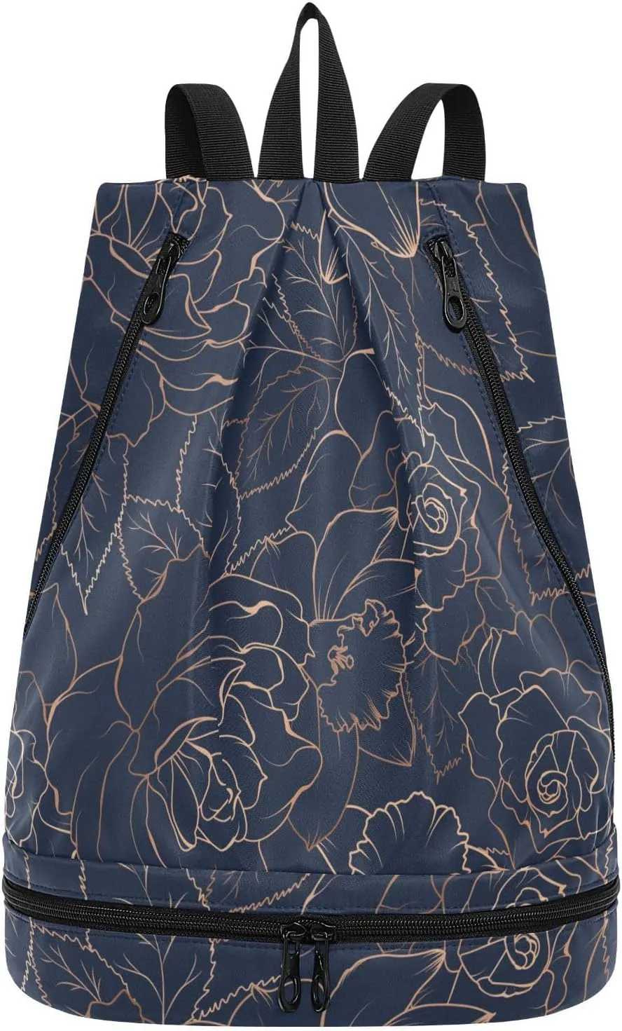 Poeticcity Gym Swimming Drawstring Bags Daypacks Backpack Purse Casual Knapsack Shoulder Bag Sitting Rucksack Copper-gold Shiny Outline Rose Peony Flowers Leaves on Navy Blue