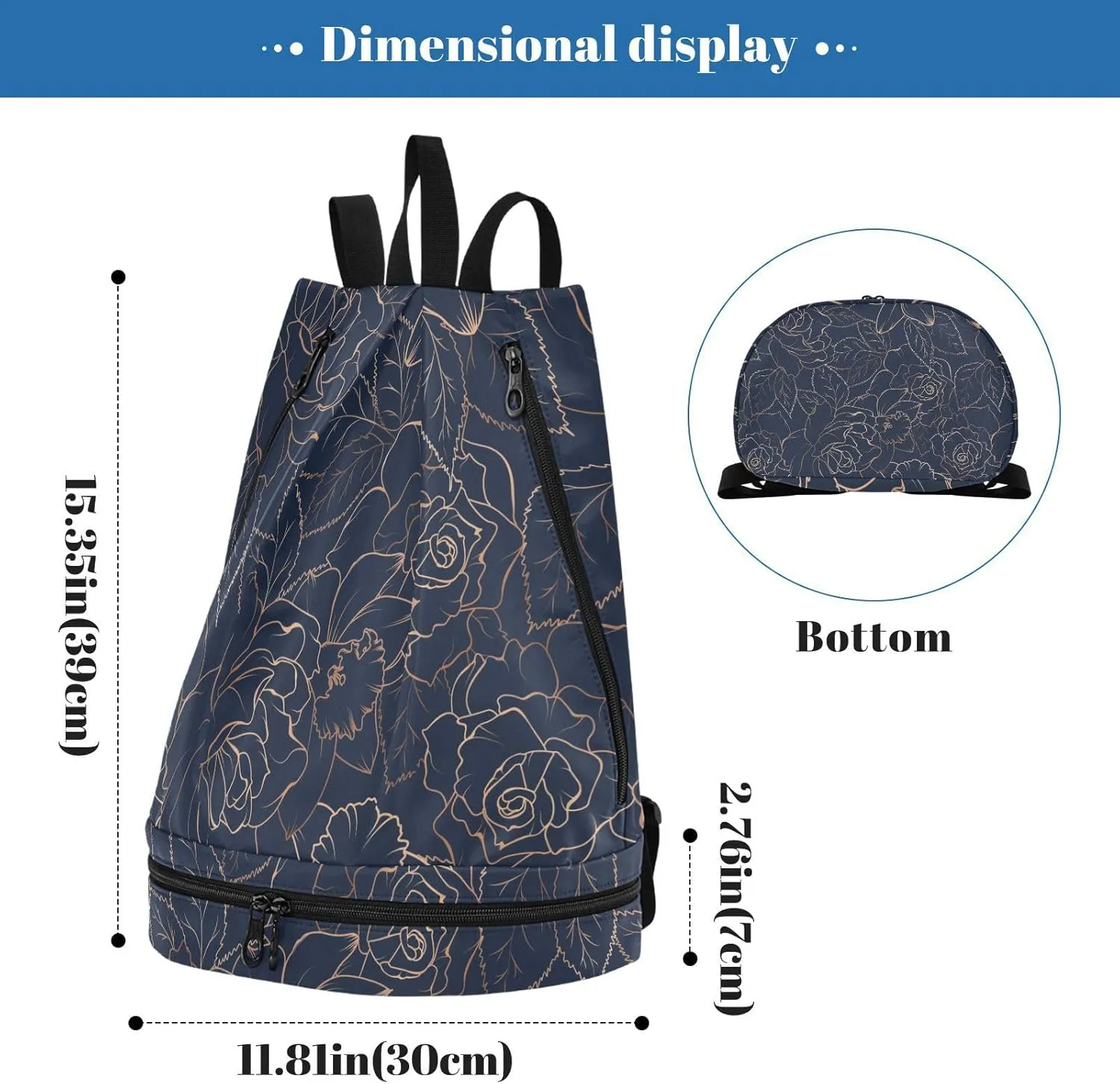 Poeticcity Gym Swimming Drawstring Bags Daypacks Backpack Purse Casual Knapsack Shoulder Bag Sitting Rucksack Copper-gold Shiny Outline Rose Peony Flowers Leaves on Navy Blue
