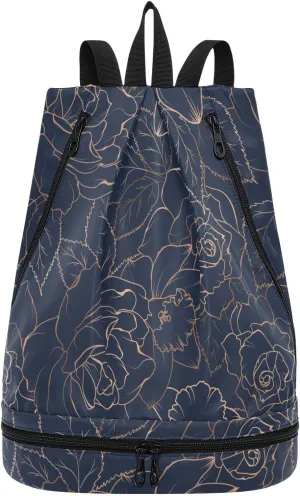 Poeticcity Gym Swimming Drawstring Bags Daypacks Backpack Purse Casual Knapsack Shoulder Bag Sitting Rucksack Copper-gold Shiny Outline Rose Peony Flowers Leaves on Navy Blue