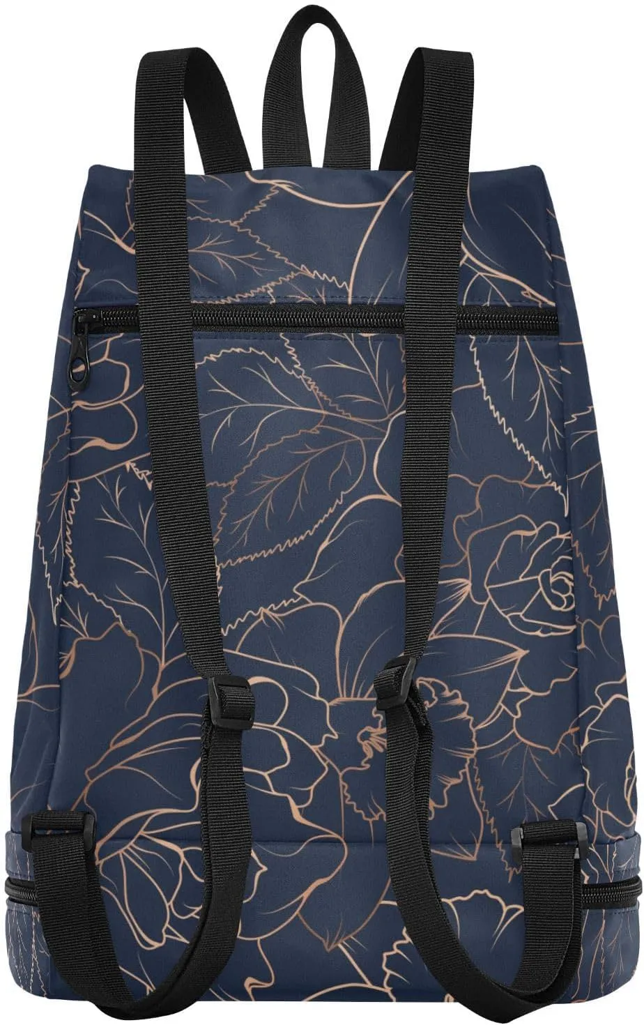 Poeticcity Gym Swimming Drawstring Bags Daypacks Backpack Purse Casual Knapsack Shoulder Bag Sitting Rucksack Copper-gold Shiny Outline Rose Peony Flowers Leaves on Navy Blue