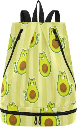 Poeticcity Gym Swimming Drawstring Bags Daypacks Backpack Purse Casual Knapsack Shoulder Bag Sitting Rucksack Cute Cartoon Avocados with Cat Muzzle, Ears and Tail Green Style