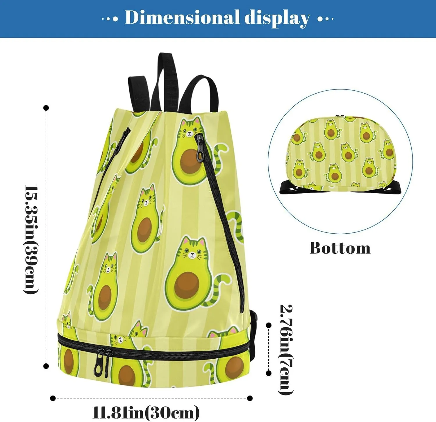 Poeticcity Gym Swimming Drawstring Bags Daypacks Backpack Purse Casual Knapsack Shoulder Bag Sitting Rucksack Cute Cartoon Avocados with Cat Muzzle, Ears and Tail Green Style