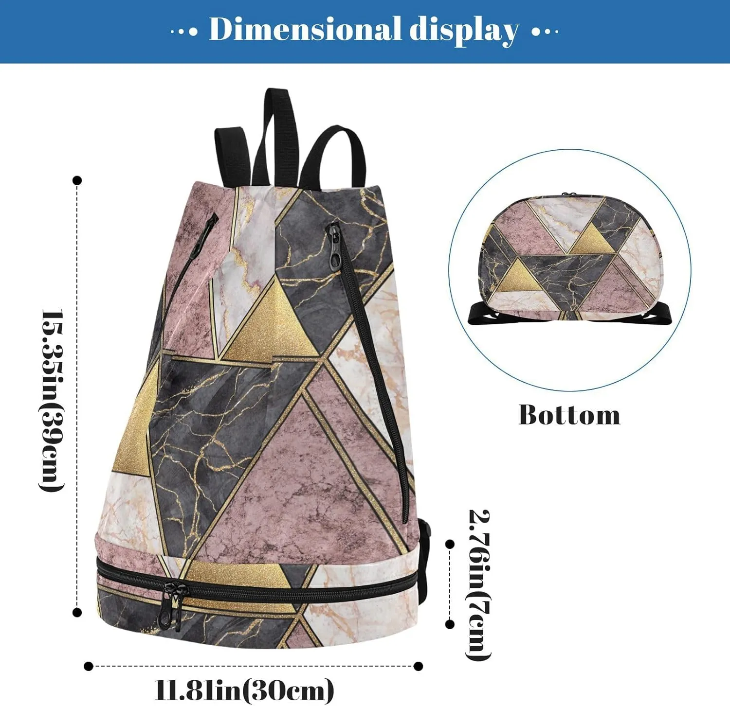 Poeticcity Gym Swimming Drawstring Bags Daypacks Backpack Purse Casual Knapsack Shoulder Bag Sitting Rucksack Marble Granite Agate Purple Pink Gold Black Paint Triangle Tiles