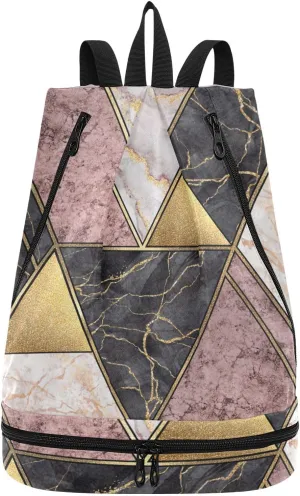 Poeticcity Gym Swimming Drawstring Bags Daypacks Backpack Purse Casual Knapsack Shoulder Bag Sitting Rucksack Marble Granite Agate Purple Pink Gold Black Paint Triangle Tiles