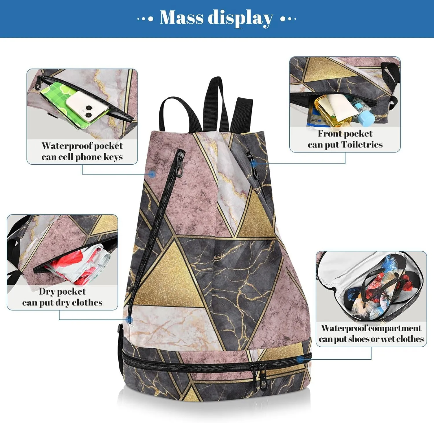 Poeticcity Gym Swimming Drawstring Bags Daypacks Backpack Purse Casual Knapsack Shoulder Bag Sitting Rucksack Marble Granite Agate Purple Pink Gold Black Paint Triangle Tiles