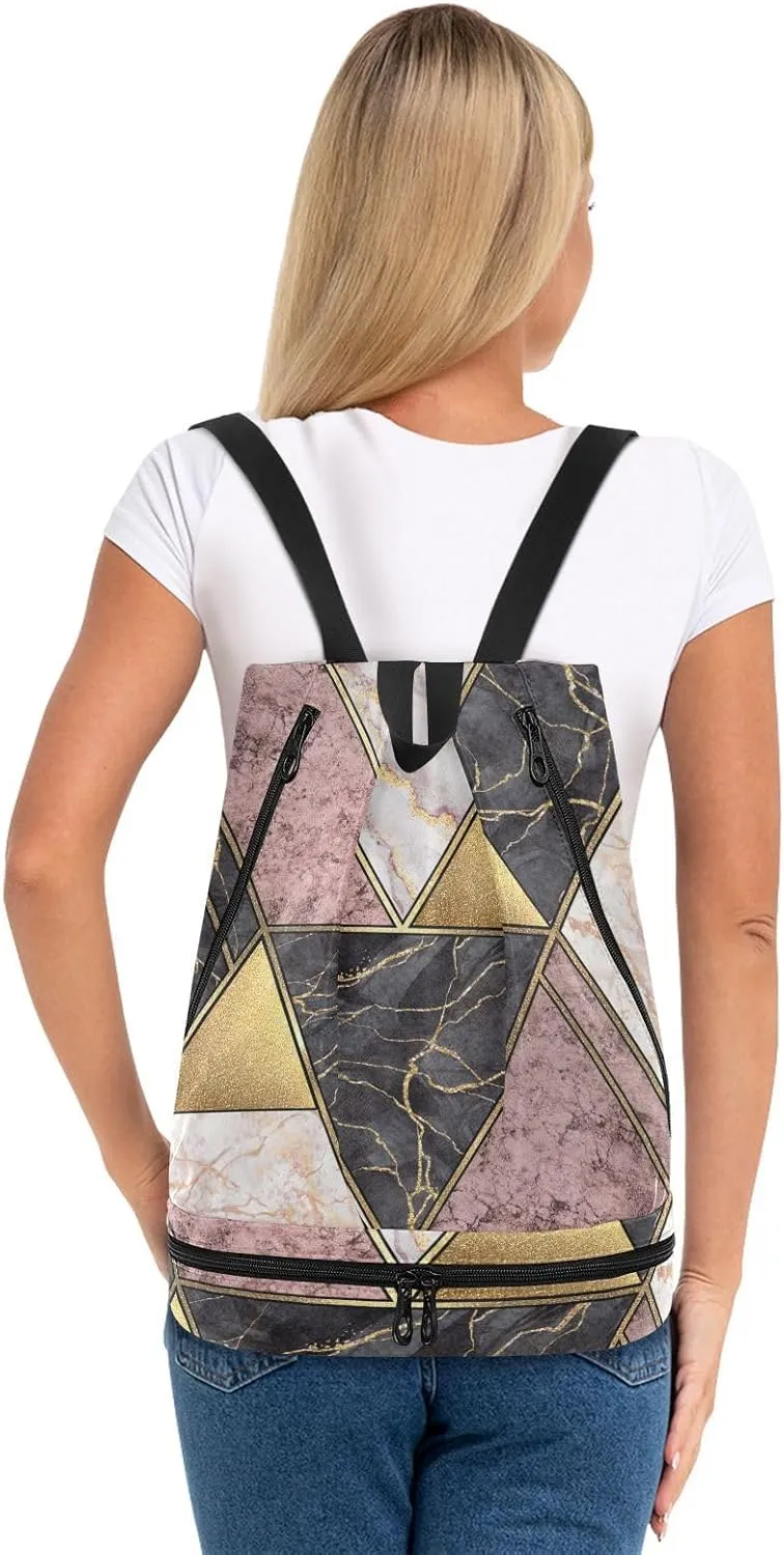 Poeticcity Gym Swimming Drawstring Bags Daypacks Backpack Purse Casual Knapsack Shoulder Bag Sitting Rucksack Marble Granite Agate Purple Pink Gold Black Paint Triangle Tiles