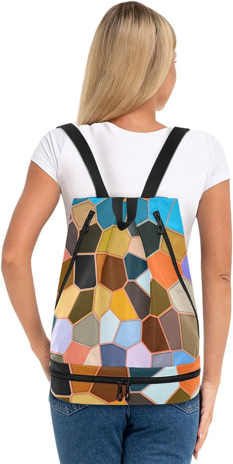 Poeticcity Gym Swimming Drawstring Bags Daypacks Backpack Purse Casual Knapsack Shoulder Bag Sitting Rucksack Modern Mosaic Abstract Geometric Texture Backdrop Textiles