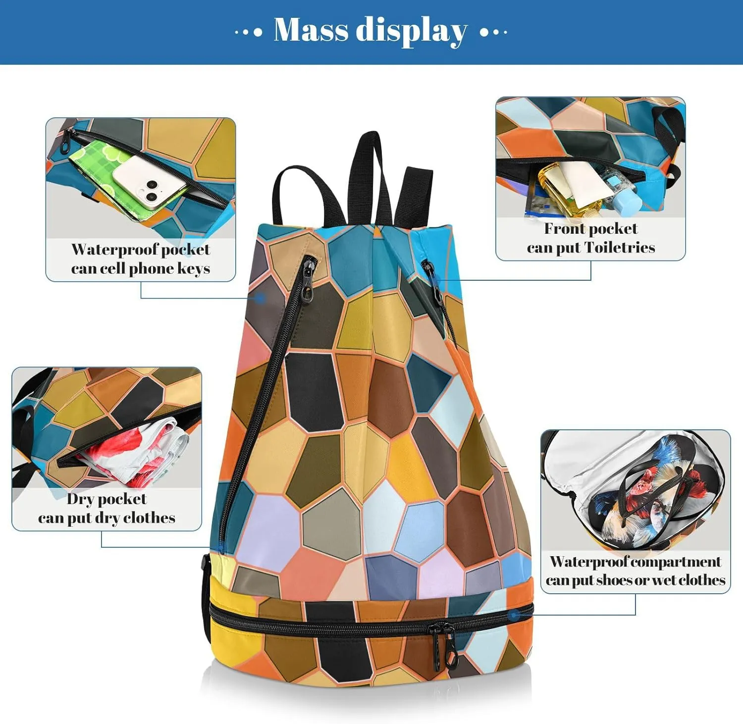 Poeticcity Gym Swimming Drawstring Bags Daypacks Backpack Purse Casual Knapsack Shoulder Bag Sitting Rucksack Modern Mosaic Abstract Geometric Texture Backdrop Textiles