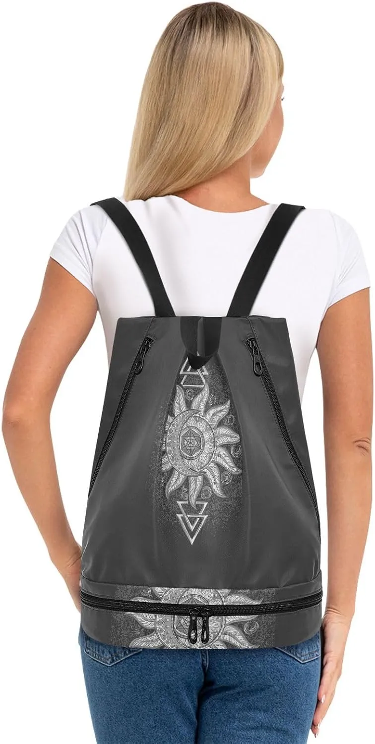 Poeticcity Gym Swimming Drawstring Bags Daypacks Backpack Purse Casual Knapsack Shoulder Bag Sitting Rucksack Symbols Planet Icon Magic, Astrology, Mystery, Occultism