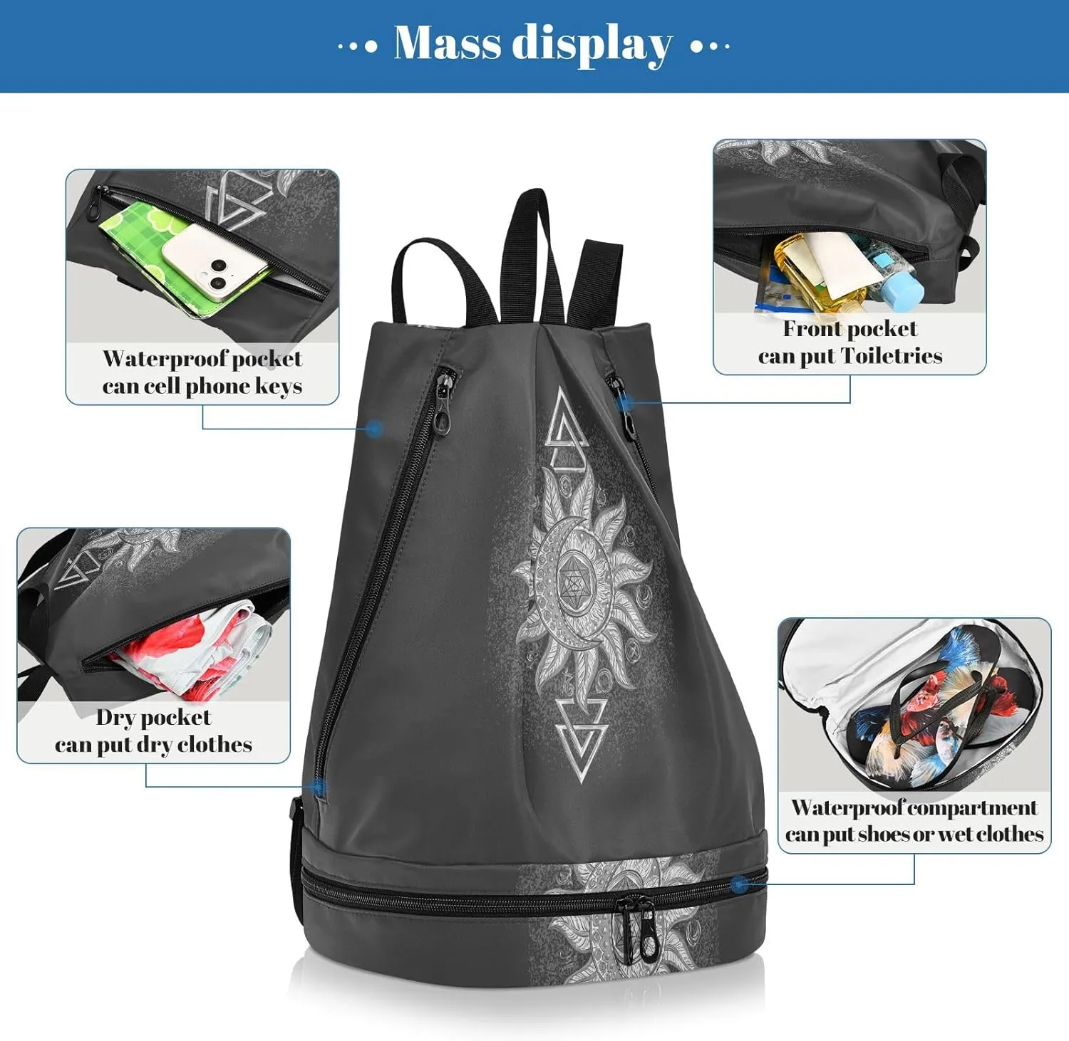 Poeticcity Gym Swimming Drawstring Bags Daypacks Backpack Purse Casual Knapsack Shoulder Bag Sitting Rucksack Symbols Planet Icon Magic, Astrology, Mystery, Occultism
