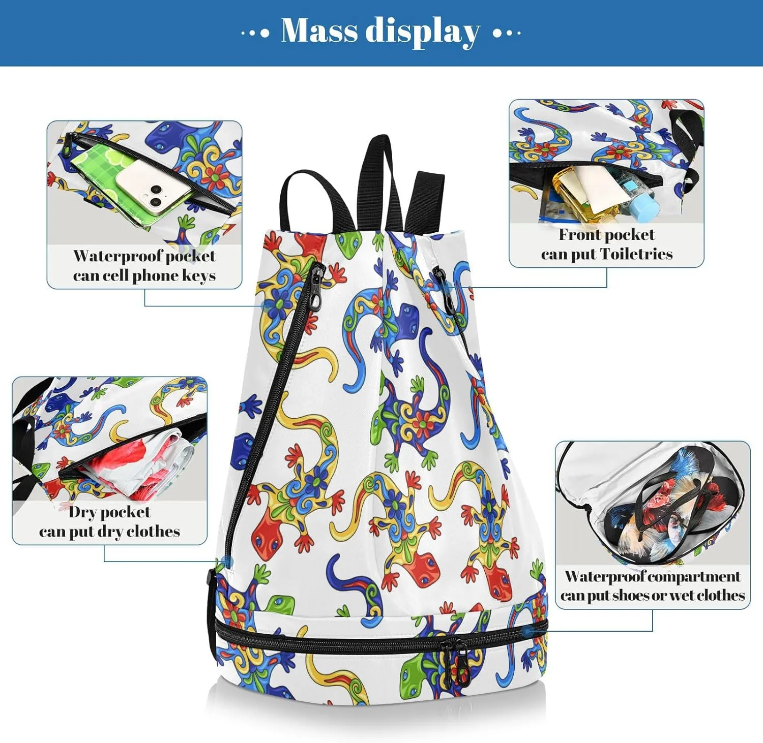 Poeticcity Gym Swimming Drawstring Bags Daypacks Backpack Purse Casual Knapsack Shoulder Bag Sitting Rucksack Traditional Mexican Lizards Talavera Ceramic Ethnic Folk Ornament