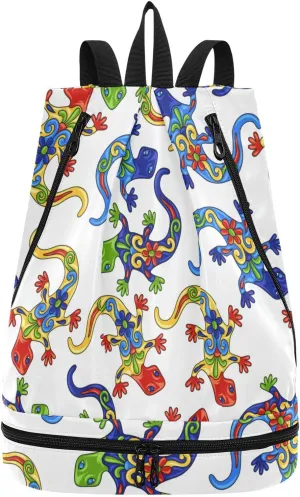 Poeticcity Gym Swimming Drawstring Bags Daypacks Backpack Purse Casual Knapsack Shoulder Bag Sitting Rucksack Traditional Mexican Lizards Talavera Ceramic Ethnic Folk Ornament