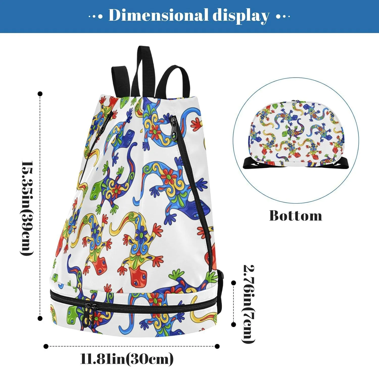 Poeticcity Gym Swimming Drawstring Bags Daypacks Backpack Purse Casual Knapsack Shoulder Bag Sitting Rucksack Traditional Mexican Lizards Talavera Ceramic Ethnic Folk Ornament