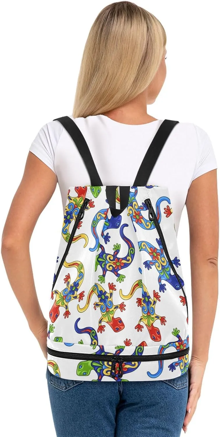 Poeticcity Gym Swimming Drawstring Bags Daypacks Backpack Purse Casual Knapsack Shoulder Bag Sitting Rucksack Traditional Mexican Lizards Talavera Ceramic Ethnic Folk Ornament